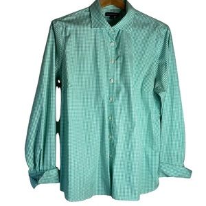 Lands’ End Green White Checked 100% Cotton Button Down Size 14 Cuff Wrist Shirt